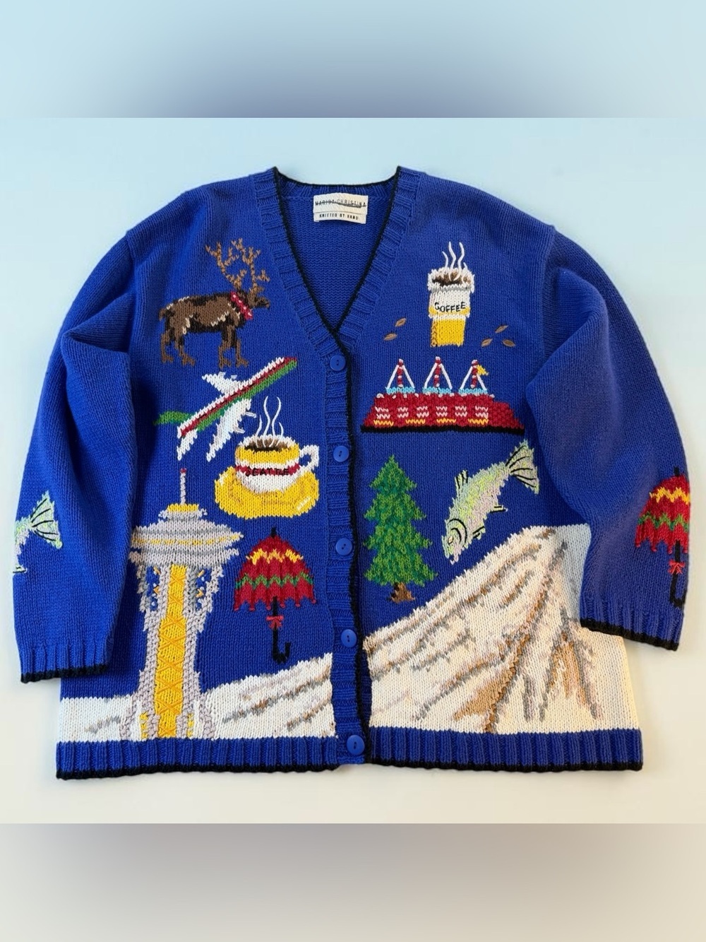 Marisa Christina Royal Blue Colorful Handknit Seattle Cardigan Sweater RARE
